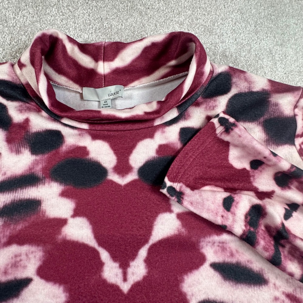 LUUKSE Women 4X Tie Dye Mock Neck Long Sleeve Top Burgundy Black L9602126